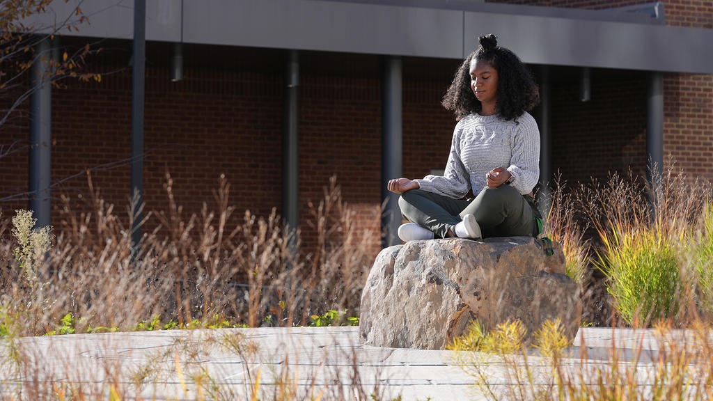 A student sits crosslegged atop a rock at the center of the campus meditation garden. Her eyes are closed and she looks to be meditating.