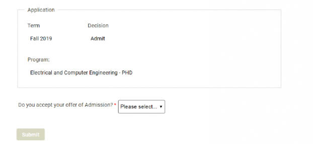 Screen capture of the enrollment selection screen. Depicted, program and dropdown modal to accept or decline offer of admissions